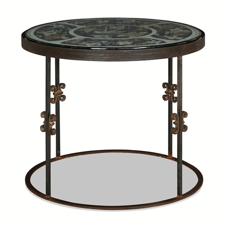 Pietra Dura Style Floral & Bird Mosaic Top Iron Side Table with Glass