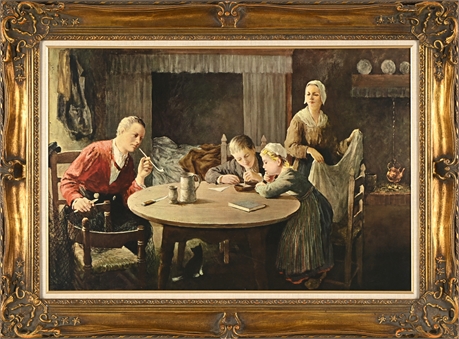 Realist Genre Lithograph of Family Scene in Gilt Wood & Plaster Frame