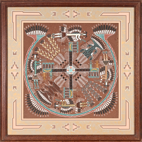 Johnny Benally Sr. Navajo Sandpainting — Hump-Backed Yei & Whirling Log, Framed
