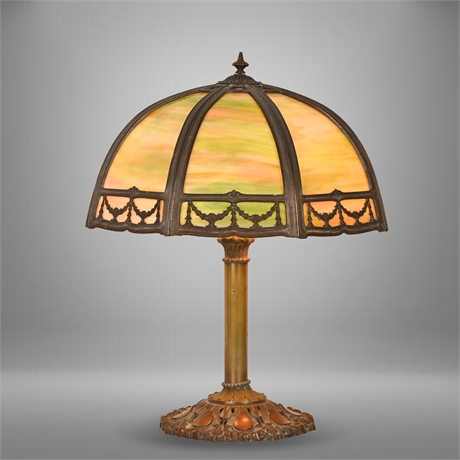 Antique Art Nouveau 8 Panel Slag Glass Miller Table Lamp