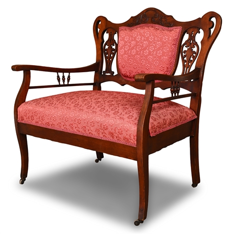 Antique Victorian Carved Settee – Mahogany & Rose Damask