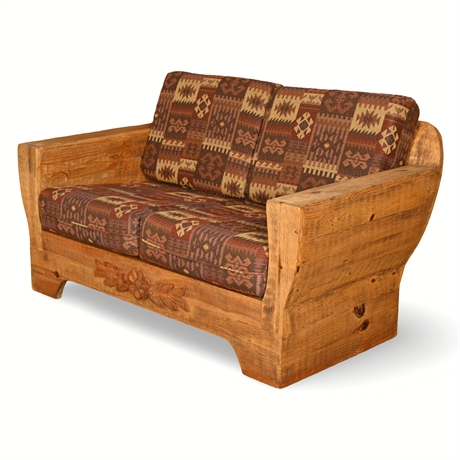 Rustic Lodge-Style Solid Wood Loveseat with Carved Front