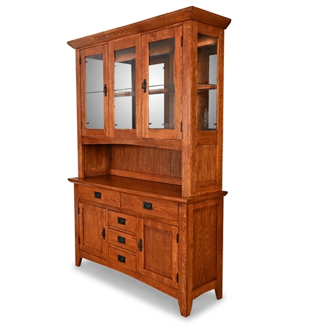 Mission Style Oak Buffet & Lighted Hutch – Glass Doors, Mirrored Back, Storage