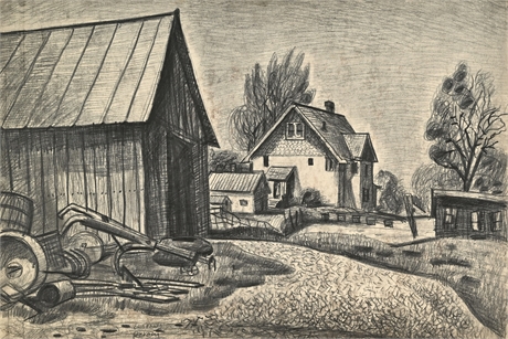 William "Bill" Rakocy "Ohio Farm" Large Charcoal Drawing, 1957 — El Paso Artist
