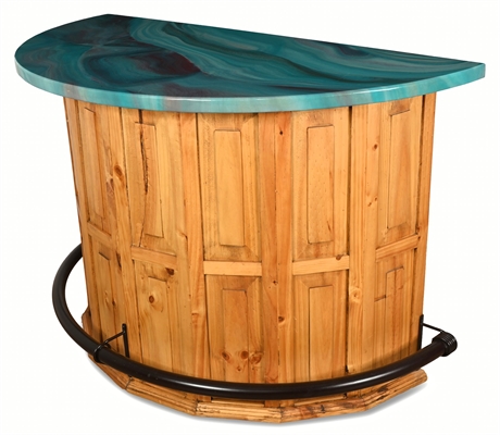 Rustic Solid Pine Bar w/ Swirled Epoxy Top & Wrought Iron Foot Rail