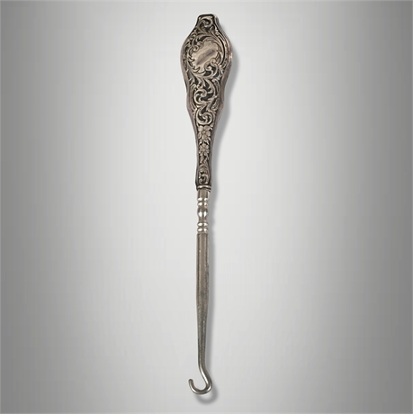 Victorian Sterling Silver Repoussé Handle Button Hook, Floral Scrollwork