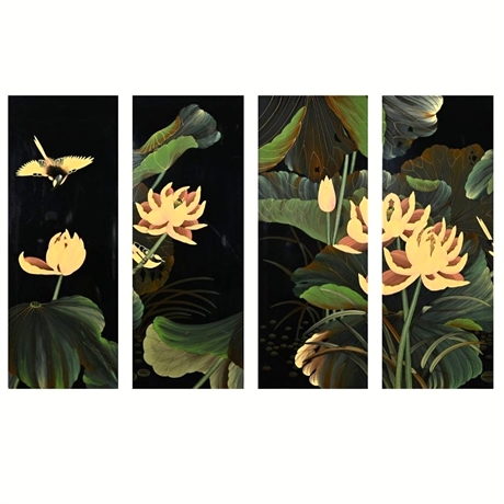 4' Lacquer Hand-Painted 4-Panel Wall Screen — Lotus & Birds