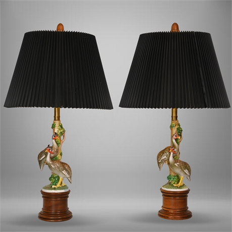 Pair Vintage Majolica Massier Vallauris Style Pheasant Bird Lamps