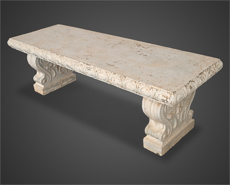 Large Neoclassical Painted Cast Stone Garden Bench
