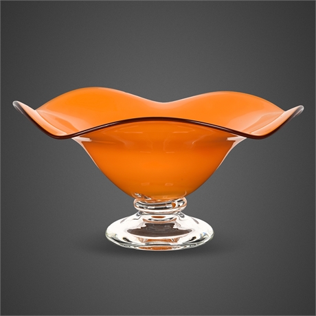 Teleflora MCM Orange Handblown Art Glass Ruffled Footed Compote Pedestal Bowl