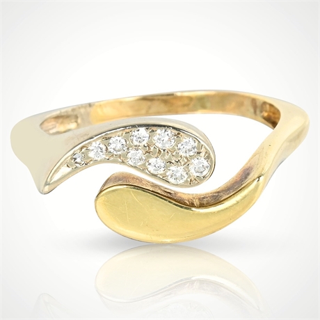 10K Yellow & White Gold Wave Ring with Natural Diamonds