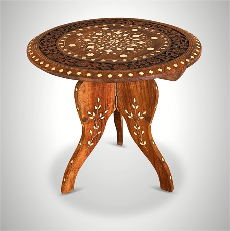 Indian Mughal-Style Carved Sheesham & Bone Inlay Folding Tripod Side Table