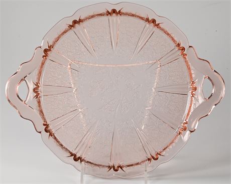 Vintage Pink Depression Glass Serving Tray Cherry Blossoms with Handles