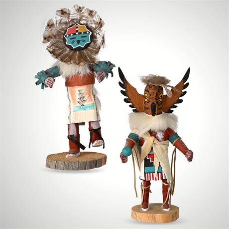 Pair of Hand-Carved Kachina Dolls – Sun & Owl, Signed Largo & Bebo