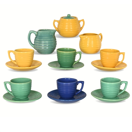 Vintage Bauer Pottery 14-Piece Multicolor Tea Set