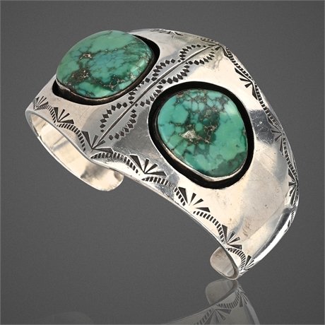Navajo Sterling Silver Shadowbox Cuff – 2 Large Turquoise Stones, 46.3g