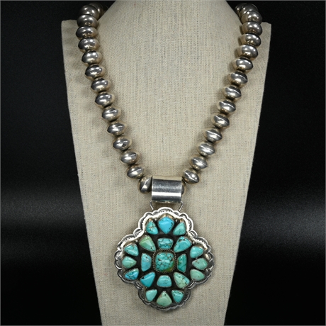 Navajo Kingman Turquoise & Sterling Silver Necklace by Ray Bennett