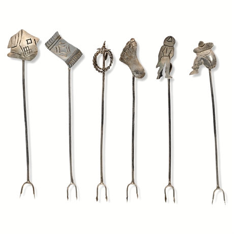 Set of 6 Vintage Mexican Sterling Silver Figural Cocktail Forks