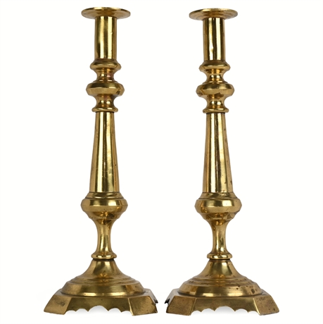 Antique English Brass Altar Candlesticks with Candle Ejectors – 15.75” Tall