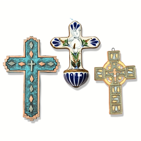 (3) Tonala Pottery & Hydrostone Crosses – Mexican & American Wall Art