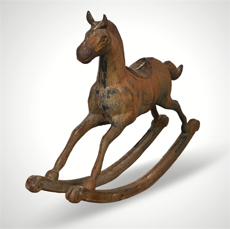 Large Vintage Cast Iron Rocking Horse — Marked Mexico, 80 lbs, Rustic Patina