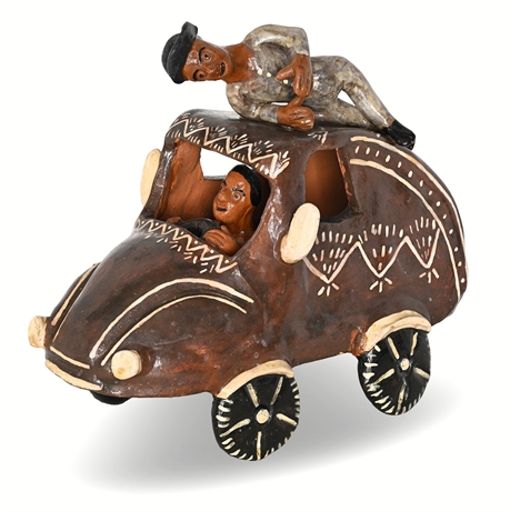 Ocumicho Cochito Terracotta Car Sculpture with Two Figures, Michoacán