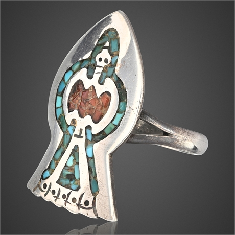 Navajo Sterling Peyote Bird Ring Turquoise Coral Inlay Sz 8.5