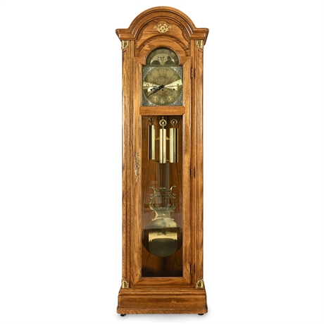 Pearl Grandfather Clock 1161-853H – Oak Case, Moon Dial, Brass Weights