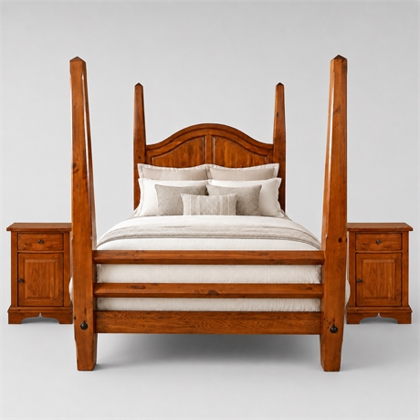 Solid Wood Bedroom Set — Four-Poster Queen Bed & Pair of Nightstands