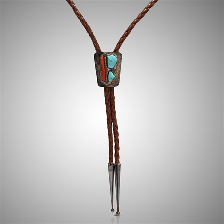 Vintage Sterling Turquoise & Coral Navajo Bolo Tie