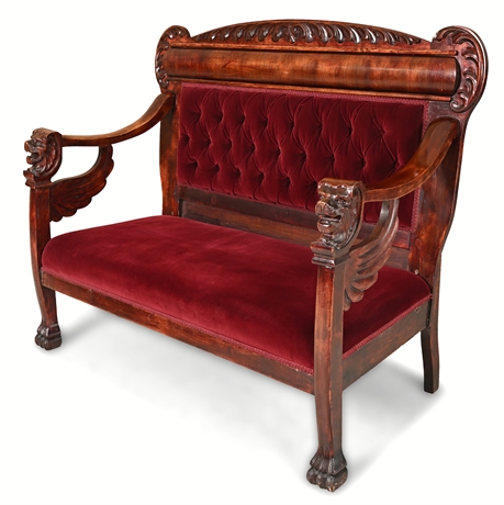 Empire Revival Mahogany Settee with Carved Lion Heads & Red Velvet Upholstery