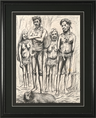 People of the Star Mountains & Their Dead Pig, Papua New Guinea Pastel