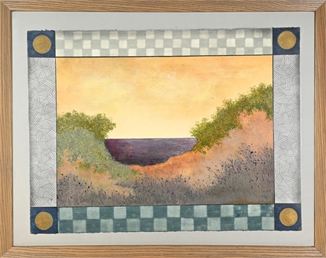 Signed Original Mixed Media Landscape with Decorative Border on Paper