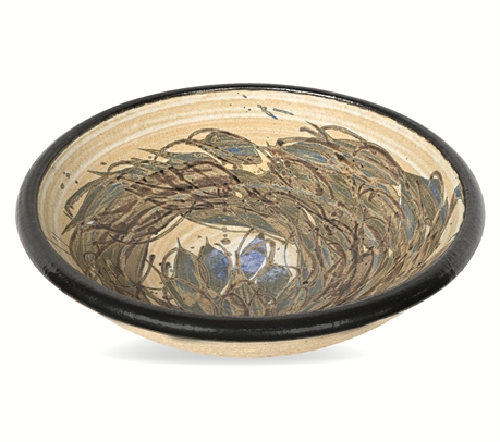 Signed JP Studio Pottery Bowl — Hand Thrown & Painted Marsh Scene, 22.5"