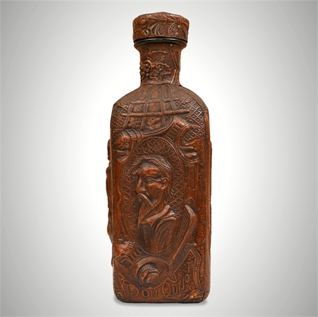 Don Quixote & Sancho Panza Spanish Embossed Leather-Clad Decanter, Amber Glass