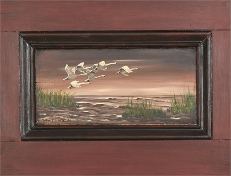 Betty Fischer American Folk Art Painting of Swans in Flight