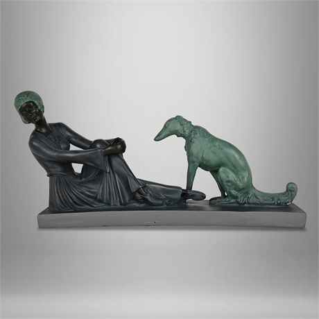French Art Deco Seated Lady & Borzoi Sculpture, 1920s–30s