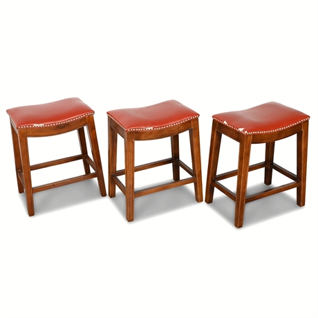 Trio of Red Faux Leather Saddle Bar Stools w/ Nailhead – For Repair