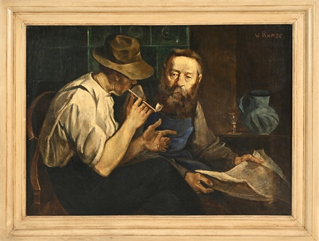 W. Runze Oil on Canvas — German Realist Tavern Interior, Signed