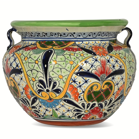 13.5" Talavera Hand-Painted Jardiniere  A large hand-painted Talavera jardiniere