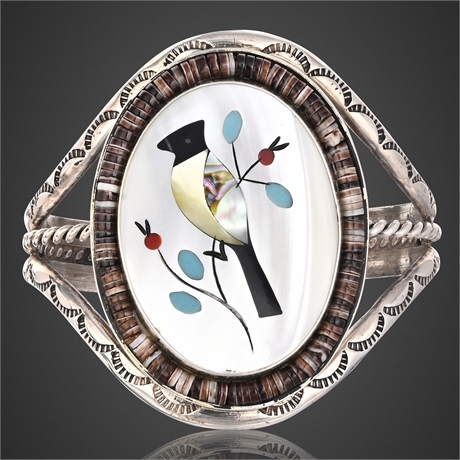 Zuni Sterling Silver Cuff Bracelet with Bird Inlay by Alfred Benally