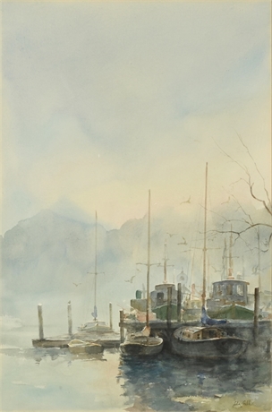 John Gable Watercolor: Tranquil Harbor Scene