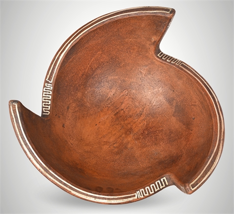 Mexican Redware Pottery Centerpiece Bowl – Asymmetrical Rim, White Line Design