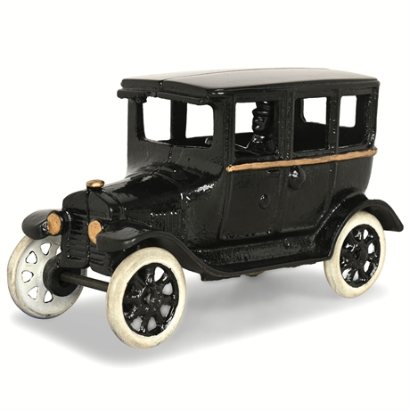 (MARK) Arcade Cast-Iron Ford Model T Sedan w/ Driver, Restored 1920s Toy, 6.5"