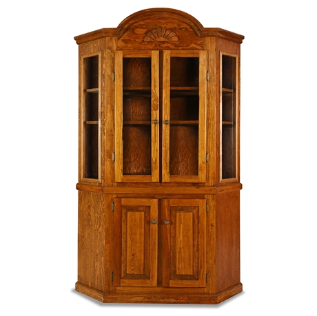 Pine Corner China Cabinet Hutch — Carved Sunburst Pediment, Glass Doors ​​​​​​​
