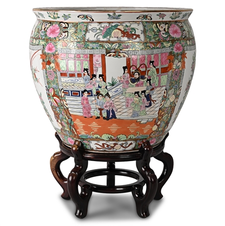 Monumental Famille Rose Fishbowl, Apocryphal Qianlong Mark, on Stand