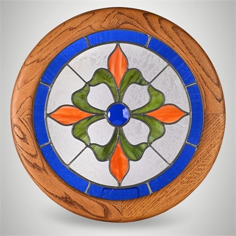 Round Leaded Glass Art Panel – Oak Frame, Multicolor Floral Design