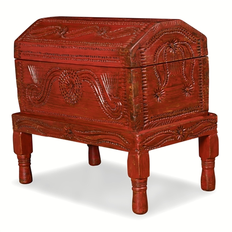 Vintage Hand-Carved Folk Treasure Chest on Stand
