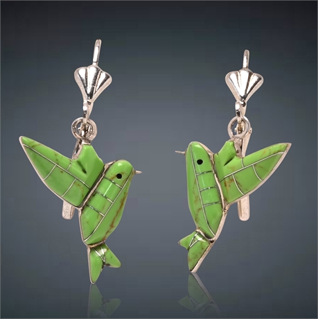 Zuni Hummingbird Gaspeite Inlayed Sterling Silver Earrings