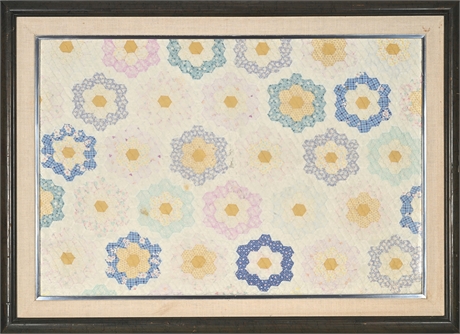 Framed Grandmother’s Flower Garden Quilt Fragment, 31" x 43"